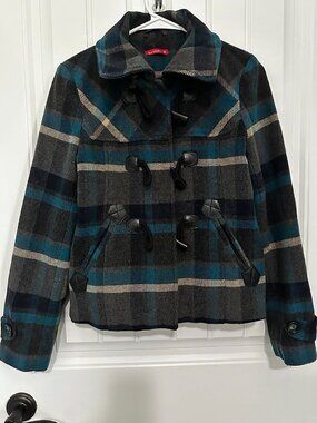 Smf Collection Women's Plaid Cropped Toggle Duffle Jacket, Teal/Gray/Cream